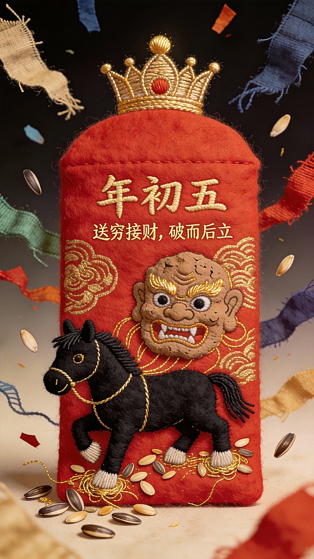 国潮风刺绣布艺，重拟物浮雕质感，中式民族元素融合，喜庆红金配色，展现年初五送穷接财的节日寓意。