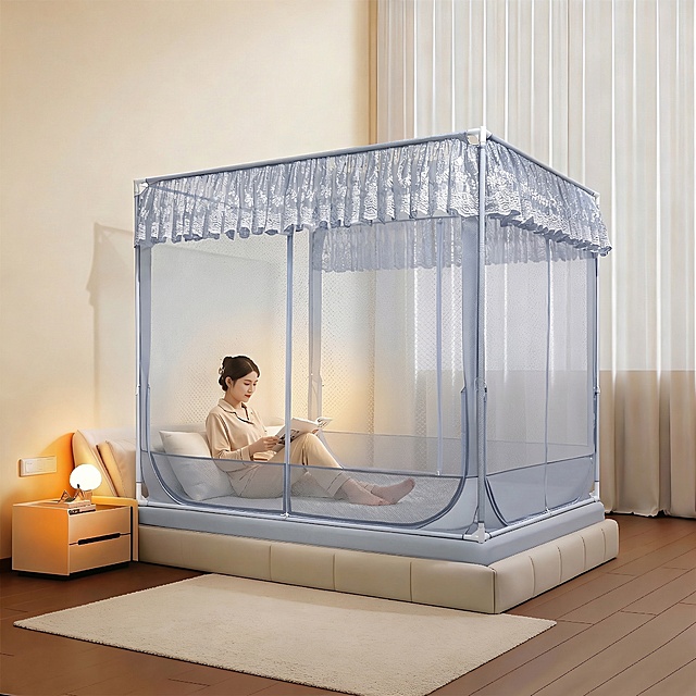 在蚊帐内部添加一位穿着米色家居服的美女，正坐着安静看书，保持原场景其余内容不变，风格与原图统一，光线自然和谐