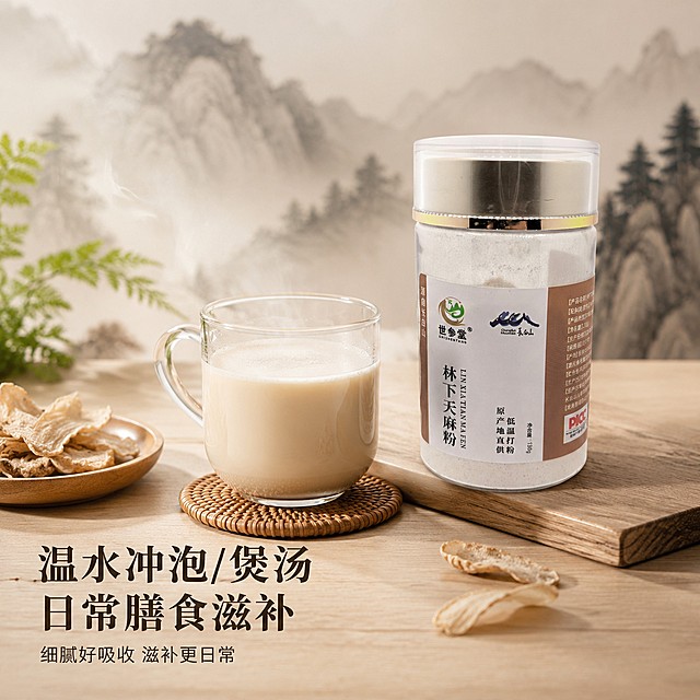 [主图-3] 林下天麻粉食用场景效果图，高级新中式滋补风格，浅原木桌面上摆放完整天麻粉罐子、白瓷玻璃杯，展示温水冲调天麻粉的场景，旁边搭配干林下天麻切片作为点缀，保持天麻粉罐子外观与原图一致，暖调自然侧光，低饱和大地色系，背景为虚化水墨山林，简约居家桌面，画面清爽高级，清晰展示日常冲泡食用方式，美食商业摄影质感，留白充足适配文字排版，主标题文字放在左下区域：温水冲泡/煲汤 日常膳食滋补，大字粗体深色，文字不遮挡主体，色彩干净柔和，无多余杂物水印，1:1正方形比例，4K分辨率。