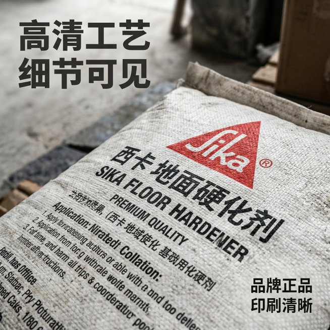 [主图 3] 西卡地面硬化剂包装细节特写图，风格为极致质感工业风。对西卡地面硬化剂包装袋的logo和产品名称区域进行微距特写放大，清晰展示包装袋的材质纹理、印刷工艺和品牌logo细节。背景虚化突出细节预览效果