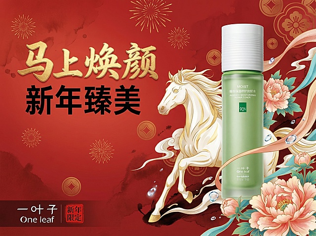 国潮风融合工笔与轻拟物手法，鎏金骏马跃动于红底水墨间，牡丹环绕，尽显中式喜庆与民族韵味，新年限定焕颜之美。