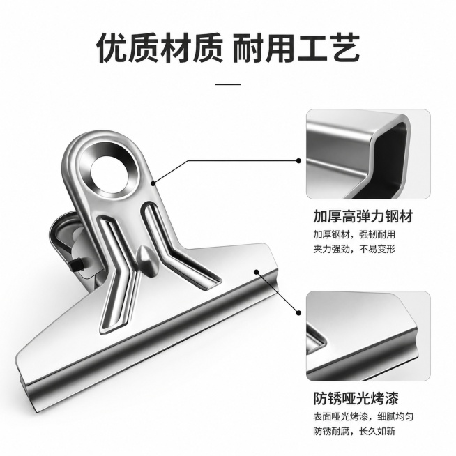 [第3屏] 核心材质工艺解析页，展示加厚钢材+防锈烤漆细节。本屏使用【图1】作为主体，使用引线标注细节。[氛围/风格] 专业解析风，简约清晰，突出材质质感，黑白灰高级配色。[元素布局] 主体长尾夹占据预览效果