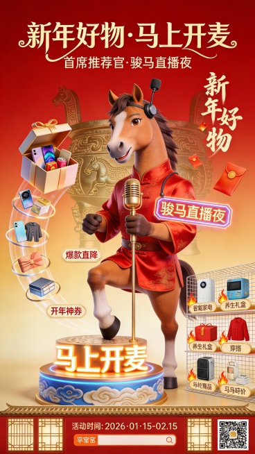 一匹精神抖擞的骏马（拟人化设计）身穿红色丝绸唐装，头戴微型无线麦克风，前蹄轻握现代金色话筒，模仿主播姿态站立于画面中央。马蹄下踩着祥云纹样的直播台，台上显示“马上开麦”发光立体字。马的眼神灵动自信，嘴预览效果