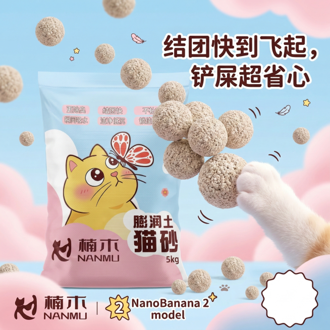 基于现有猫砂袋图片，制作拼多多1:1主图，可爱风格，突出猫砂结团快的卖点，画面添加软萌猫咪玩结团猫砂的场景，搭配文字“结团快到飞起，铲屎超省心”预览效果