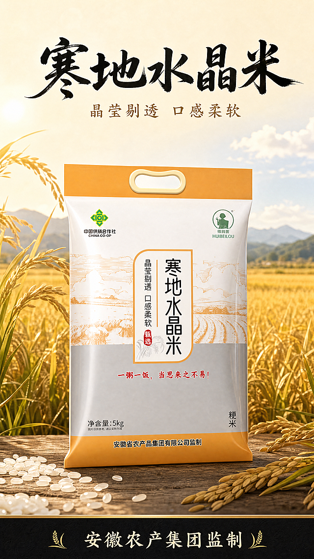 「图片1」，生成详情页，商品名称为徽背篓寒地水晶米，适配淘宝/天猫平台，单图比例为9:16，需求屏数为8张。