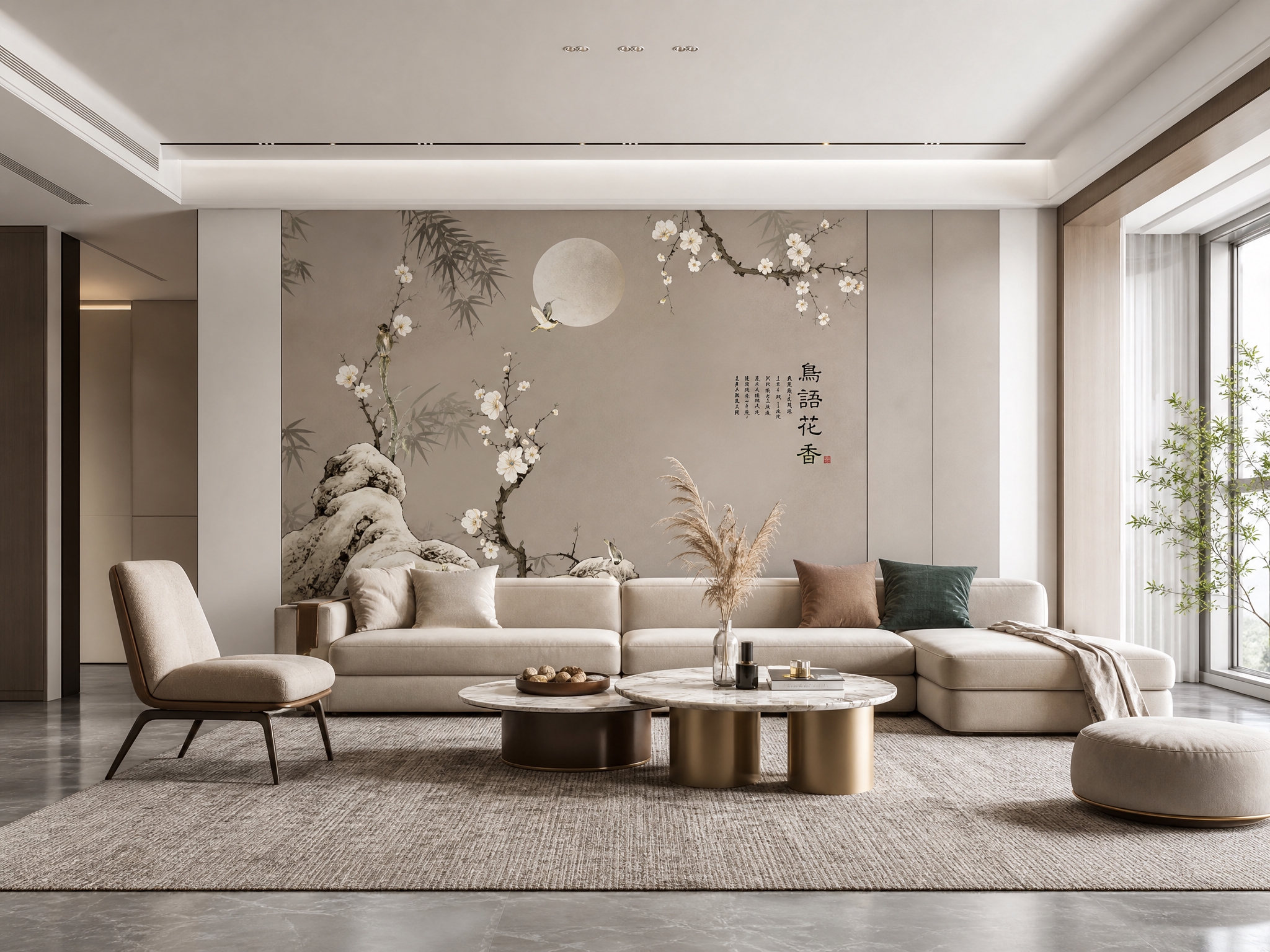 将图中的刺绣硬包背景墙图案完整保留，图案颜色和细节完全不变，放… - 图片创意预览