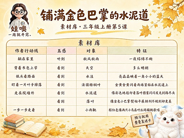 A4横版费曼复述卡成品，米黄色暖色调手绘水彩风格，温馨儿童教育风。左上角卡通女孩logo，下方写"娃噢"和"一用就开窍。"。顶部大标题"铺满金色巴掌的水泥道"，副标题"素材库·三年级上册第5课"。画面主体是四列表格，表头通栏写"素材库"，四列分别为"作者行动线"、"五感"、"对象"、"特征"，共7行完整内容：第1行作者行动线躺在家里，五感听到，对象秋风秋雨，特征一夜绵绵不断；第2行背着书包上学，看到，天空，多么明朗；第3行低头看路面，看到，水洼，亮晶晶映着一角小小的蓝天；第4行盯着一片叶子掉落，看到，法国梧桐叶，金黄金黄闪着雨珠紧粘在水泥道上；第5行走在院墙外，看到，水泥道，像彩色地毯印着落叶图案闪闪发光到路尽头；第6行（行动线空），看到，落叶，像金色小巴掌熨帖平展排列不规则却更美；第7行一步一步走着，看到，小雨靴，棕红色像两只小鸟在叶丛间蹦跳歌唱。右下角白色九尾小羊神兽举牌写"预习就用费曼复述卡"。背景米黄色渐变，点缀梧桐叶装饰。版式精美，文字清晰，内容完整。