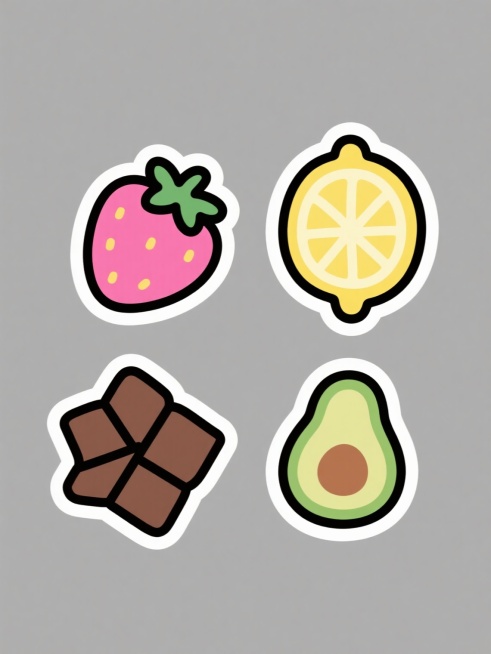 四个不同的卡通风格食物图标，包括粉色草莓、黄色柠檬、棕色巧克力和绿色牛油果，每个图标都有粗黑色轮廓线和内部渐变填充，采用不规则的云朵状外形，纯色背景，整体色彩明快鲜艳，图标大小一致且规整排布成两行两列，保持简洁可爱的儿童插画风格。预览效果