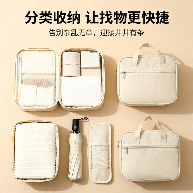 抖音商品详情页首图，展示旅行收纳五件套，米色简约ins风，主打分类收纳让找物更快捷，画面包含完整文字“分类收纳 让找物更快捷 告别杂乱无章，迎接井井有条”，整体简约温馨，米色背景，产品展示整齐，电商风预览效果