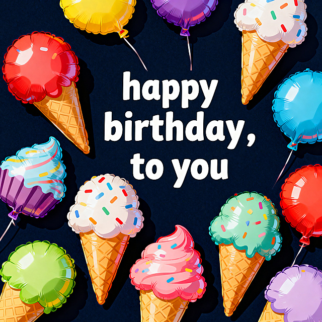 颜色造型丰富多样的甜筒形状气球，画面中清晰添加英文文字"happy birthday，to you"，整体氛围欢快喜庆，色彩鲜艳明亮，高清细节