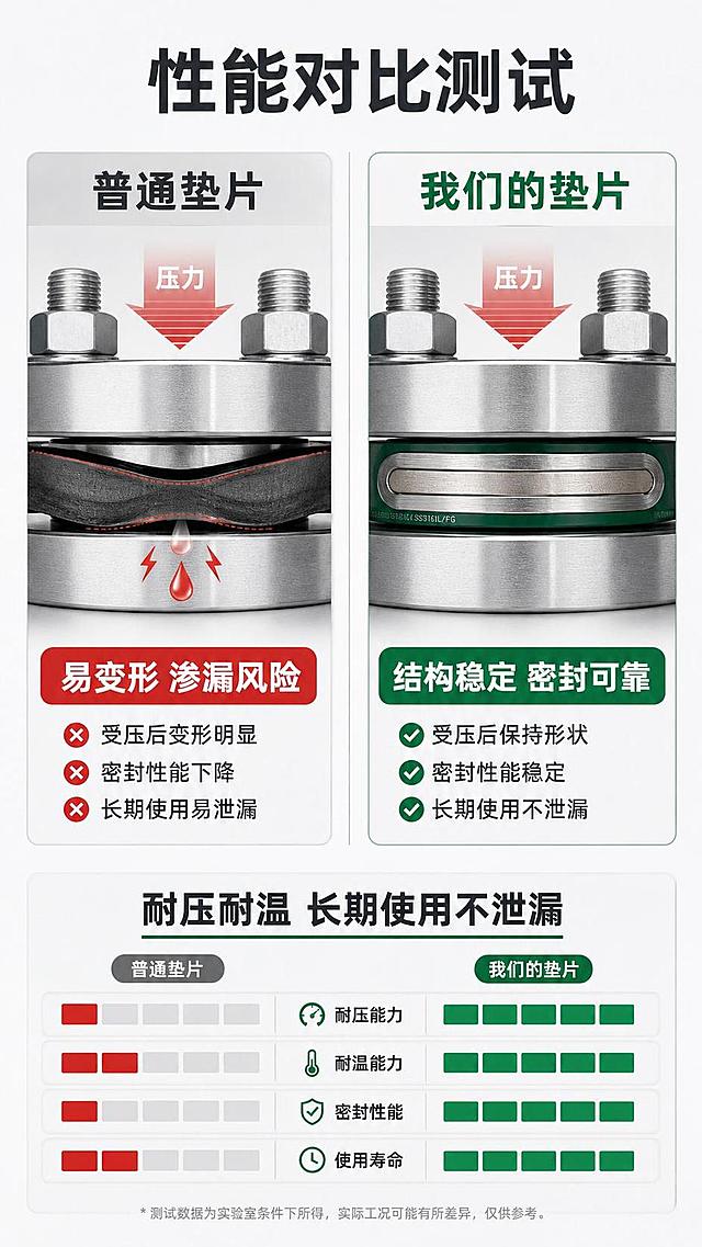 [第6屏] 性能对比测试，普通垫片对比本产品展示密封耐压优势。
[氛围/风格] 对比实验风格，专业可信，直观清晰，工业商务质感。
[元素布局] 顶部主标题，画面分为左右两栏，左侧普通垫片，右侧本产品，下方标注测试结果对比。左侧展示普通垫片挤压变形渗漏示意图，右侧展示本款金属缠绕垫片受压后保持完整密封，使用图1绿色款产品原型，保持产品外形颜色一致。
[光影质感] 左右两区光照均匀一致，产品金属质感清晰，对比差异明显，标注清晰。
[配色色系] 全局底色 #F5F6F7，左区红色标注问题，右区绿色标注优势，文字深灰色，对比清晰。
[视角构图] 左右分栏对比构图，上方标题，中间对比图，下方总结结论，动线清晰。
[文字版式] 顶部主标题「性能对比测试」，左侧标题「普通垫片」，标注「易变形 渗漏风险」，右侧标题「我们的垫片」，标注「结构稳定 密封可靠」，底部总结「耐压耐温 长期使用不泄漏」。文字层级清晰，大小适合手机阅读。
[比例分辨率] 9:16，4K，文字清晰可辨。
[负向提示词] 产品变形，颜色偏差，文字遮挡，对比不清晰，水印，文字错乱。