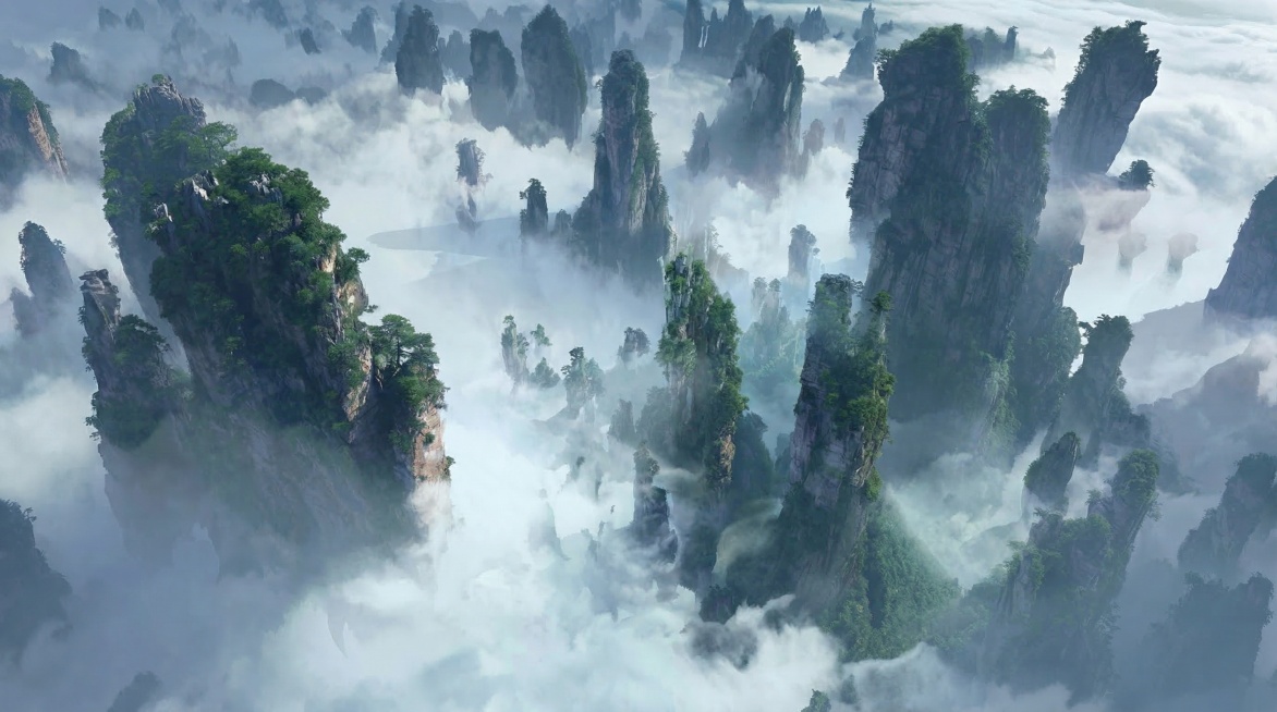 基于参考图生成张家界风格的云雾缭绕的喀斯特峰林景观，移除所有人物、飞行器和飞鸟，保持原图的色调和氛围，平视角度，16:9比例，2K分辨率预览效果
