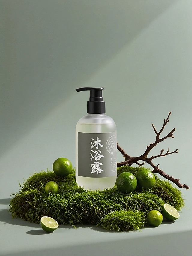 商业静物摄影。主体放在错落的青苔上，旁边散落几个切开的小青柠和乌木枝点缀，灰绿色背景。简约高级的商业打光。