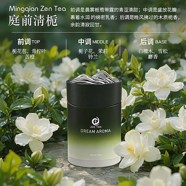 基于输入图片，保持香薰产品的外观、物理结构、材质质感、颜色与原图完全一致，不改变原图中的文字内容和排版，仅替换背景为呼应香味的栀子花真实场景，背景充满盛开的栀子花和嫩绿枝叶，营造清新自然的庭前栀子花园氛围，商品主体居中放置，占比约70%，保持文字清晰可读不遮挡主体，使用柔和的自然光，画面清新通透，商业摄影质感，干净高级，1:1正方形构图，4k分辨率，负向提示词：变形，水印，文字错乱，产品图模糊，背景杂乱