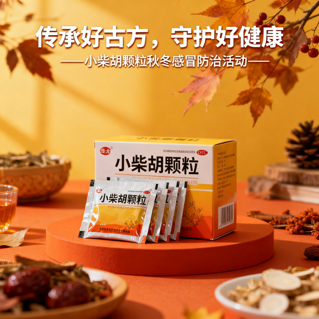 秋冬季节氛围背景，中间摆放着小柴胡颗粒药品，包装清晰可见，上方有醒目的文字"传承好古方，守护好健康——小柴胡颗粒秋冬感冒防治活动"，整体风格温暖治愈，突出古方传承和秋冬健康守护的主题预览效果