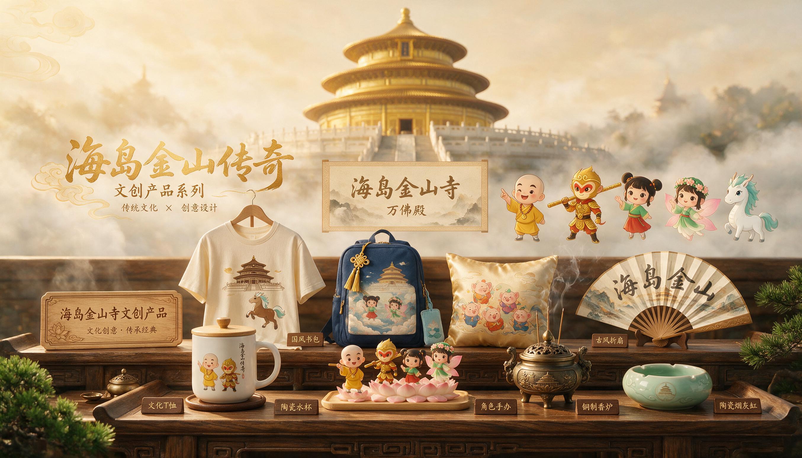 一张海岛金山寺文创产品展示海报，横版构图，中国风艺术设计，2K… - 图片创意预览