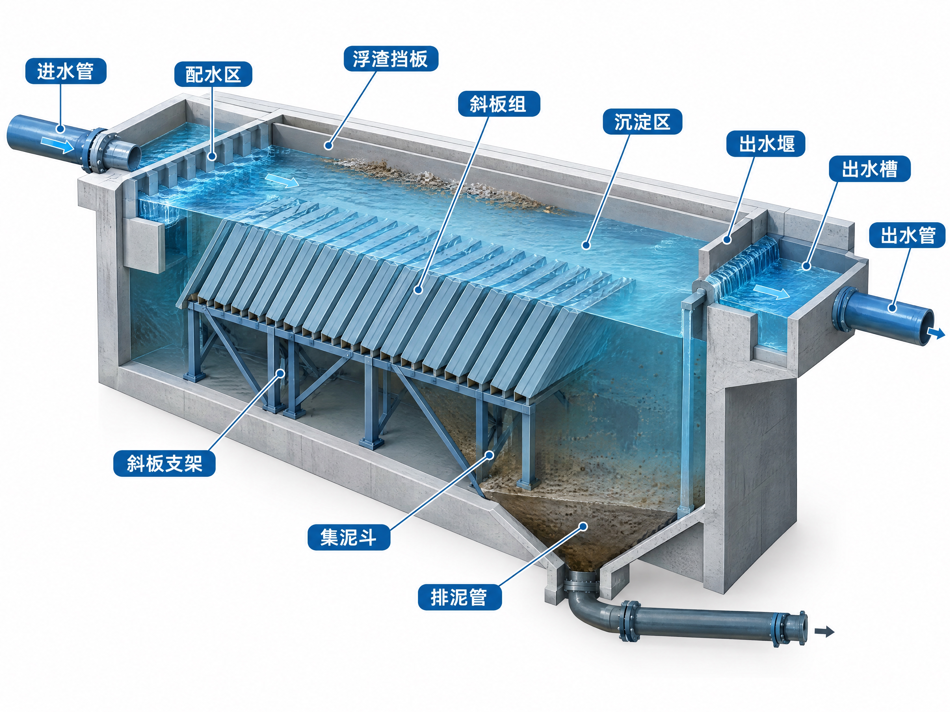 工业污水站斜板沉淀池3D俯视剖面图，科普技术插图，全剖面透视展… - 图片创意预览