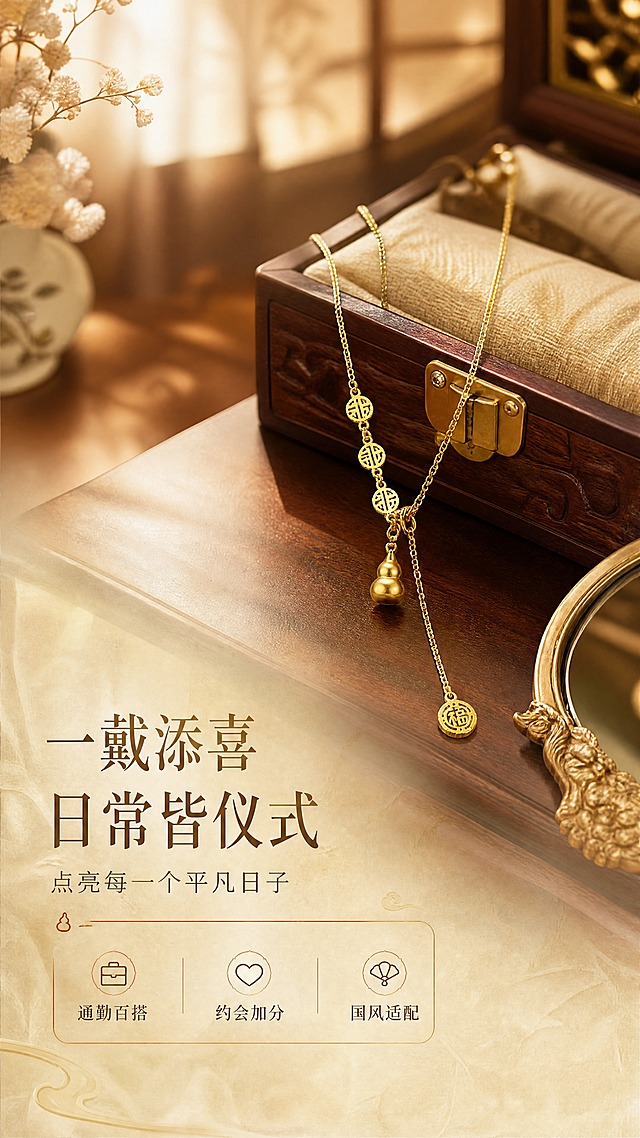 [商品] 使用【图1】清风茗饰福禄满满项链；保留金色细链、铜钱纹圆牌、葫芦吊坠、福牌流苏、抽拉可调节结构、铜镀金颜色与材质光泽；增强金属光泽，不改变商品结构与比例。
[画面] 页面目标：场景种草，营造日常佩戴的生活仪式感。单场景沉浸型，项链自然摆放在中式梳妆台上，旁边搭配木质首饰盒、干花、铜镜等国风道具；前景为梳妆台纹理，中景为项链与道具组合，后景为暖色调虚化的室内环境；主体占画面40%，左下方留白放文案。
[视觉] 套系策略：风格=东方雅致国风轻奢商业摄影；标题字=宋体衬线粗体；正文字=简洁无衬线体；主色=暖金+米杏；背景延展=基于米杏色做深浅渐变、同色系层次与细腻宣纸/丝绸质感；强调色=朱砂红，仅用于小面积图标、引线和标签点缀；标题色=深棕金；正文色=暖灰棕；组件=圆角金线信息卡、细金线引线、葫芦/福纹小图标；光影=左前侧暖柔光，金属高光清晰，整体氛围温润高级。
[文字] 左下位置主标题"一戴添喜 日常皆仪式"，副标题"点亮每一个平凡日子"，下方3个短卖点：「通勤百搭」「约会加分」「国风适配」；文字横向排版，不遮挡项链主体。
[规格] 图片比例9:16竖版，4K，负向提示：避免变形、错字、文字过小、冷蓝/冷灰背景、商品颜色改变、结构失真、极限词、二维码、水印。