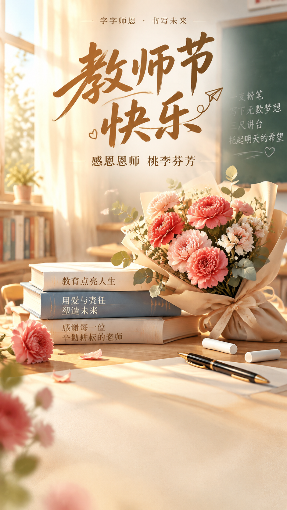 教师节主题海报，竖版构图，温馨感恩风格。画面中央有醒目的大字标… - 图片创意预览
