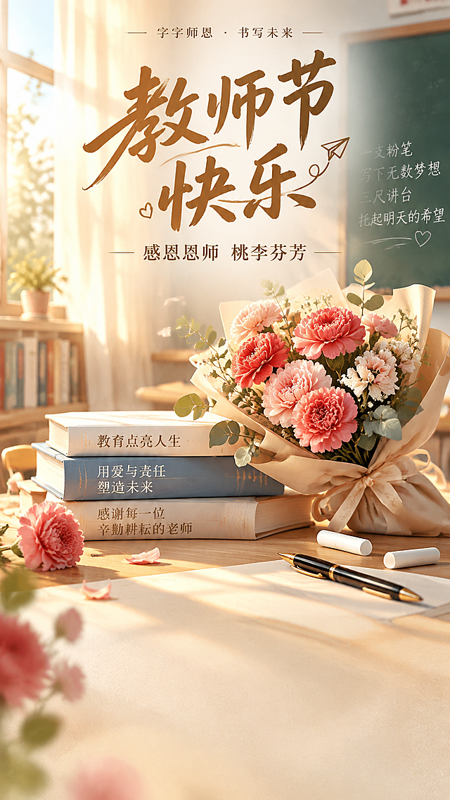 教师节主题海报，竖版构图，温馨感恩风格。画面中央有醒目的大字标题"教师节快乐"，下方配有副标题"感恩恩师 桃李芬芳"。画面元素包含：书本、钢笔、粉笔、黑板、鲜花（康乃馨为主）、温暖的灯光效果。整体色调以暖黄色、米白色、淡蓝色为主，营造温馨致敬的氛围。画面底部留有适当留白区域可放置落款信息。画面精致细腻，具有设计感，适合作为节日宣传海报使用。