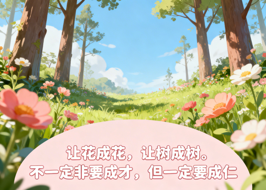 可爱风动画图，展示花成花、树成树的自然场景，配文“让花成花，让树成树。不一定非要成才，但一定要成仁”预览效果