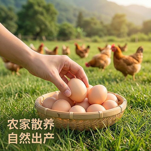 [垫图] https://gdesign-dam-hz.dancf.com/35977571442349177/9063321879734676aa89c73283f1b71b.png
[主图主题] 农家散养场景体验展示
[氛围/风格] 自然生活风，田园温馨氛围，干净自然
[画面元素] 一只干净的手从画面左侧伸入，轻轻拿起一颗鸡蛋，背景是开阔的户外农家草地，草地上有几株青草点缀，整体呈现自然散养的日常场景，光影是柔和的正午阳光，温暖自然
[配色色系] 主色调：暖肤色、浅绿草地色、浅棕鸡蛋色；辅助色：暖阳光黄色
[视角构图] 第一人称平视抓拍视角，鸡蛋为视觉焦点，景深适中
[文字版式] 左下角文案 "农家散养 自然出产"，字体为浅棕色无衬线字体，文字悬浮在草地背景上，不遮挡主体
[比例分辨率] 2k分辨率