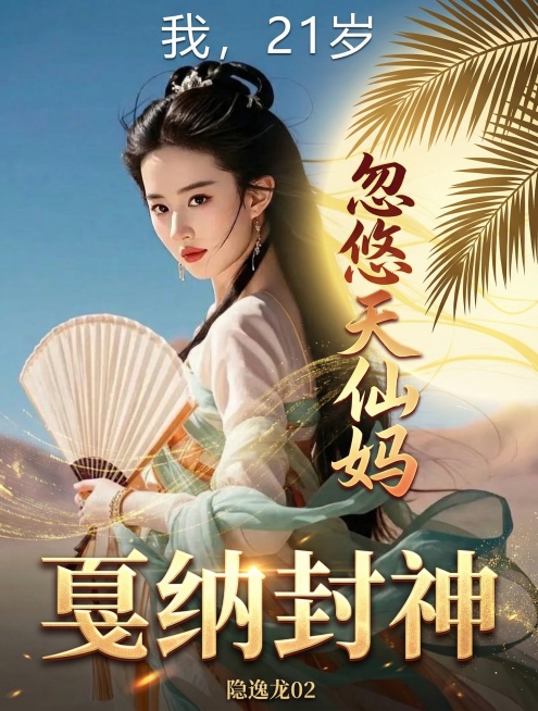 保留原图青衣持扇、沙漠回眸的古风人物，背景为纯蓝天空+沙漠，右侧替换为金色光晕和戛纳棕榈叶剪影；顶部添加现代简约白色小字'我，21岁'，中间添加金红渐变狂草体大字'忽悠天仙妈'，其中'忽悠'二字做波浪预览效果