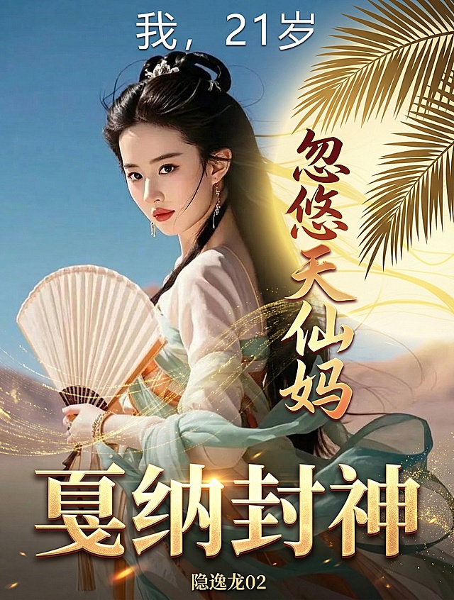 保留原图青衣持扇、沙漠回眸的古风人物，背景为纯蓝天空+沙漠，右侧替换为金色光晕和戛纳棕榈叶剪影；顶部添加现代简约白色小字'我，21岁'，中间添加金红渐变狂草体大字'忽悠天仙妈'，其中'忽悠'二字做波浪变形特效，底部添加鎏金立体带光效大字'戛纳封神'，'封神'二字添加金色粒子飘散特效，角落标注作者名'隐逸龙02'，人物周围添加淡金色数据流特效