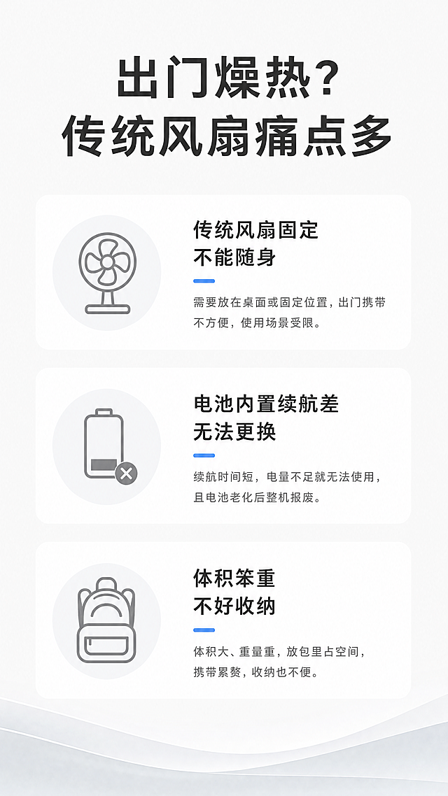 「图片1」「图片1」「图片1」「图片1」「图片1」「图片1」，生成详情页，商品名称为小风扇，适配淘宝/天猫平台，单图比例为9:16，需求屏数为8张，需要手持风扇图。和放到包里的图，M1小风扇参数
1503无刷航模电机1.电池可更换 电池型号186503.2000mAH大容量电池
16000高转速
桌面(送底座)/手持二合一6档风力调节
小巧便携，轻松放包包 底座可以当手机支架。