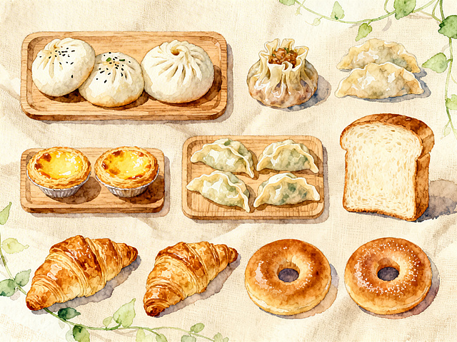 手绘风格的中西式面点合集，包含生煎包、包子、烧卖、饺子、蛋挞、可颂、吐司、甜甜圈等多种面点，整体画面清新治愈，线条柔和自然，手绘质感饱满