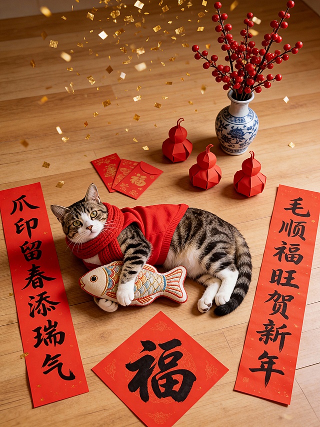 国潮风与轻拟物结合，猫咪身着红衣怀抱刺绣鱼玩偶，实景感十足，红金元素烘托喜庆氛围，融合中式对联、福字与青花瓷，呈现浓郁春节气息。