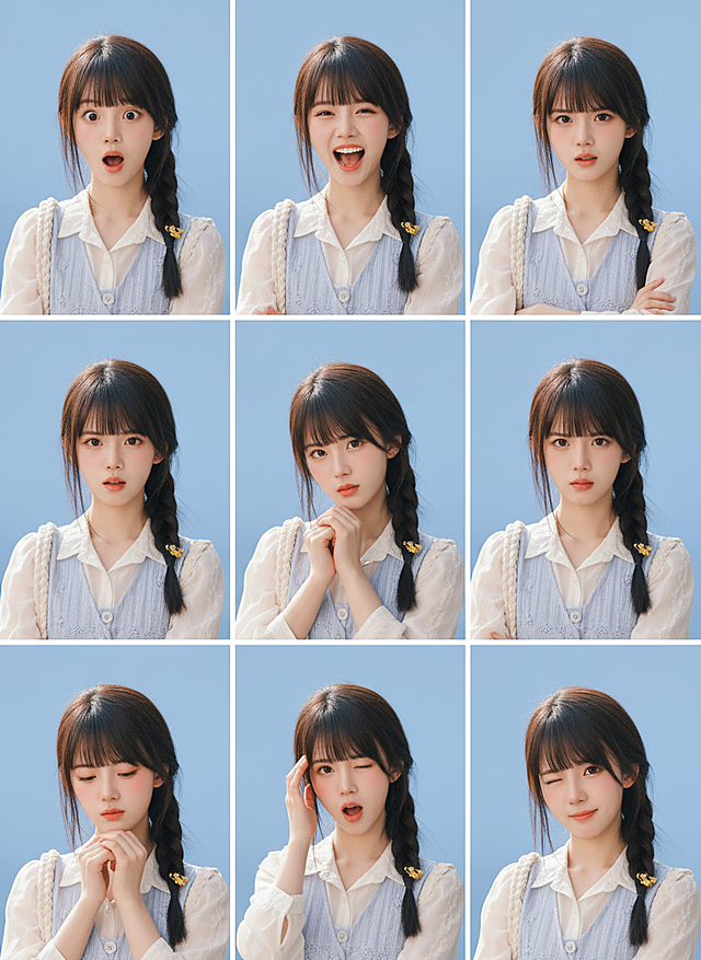 保持人物主体不变，创作一组写实风格表情包，包含表情不同、姿势不同的九宫格表情包，表情变化较大，姿势夸张