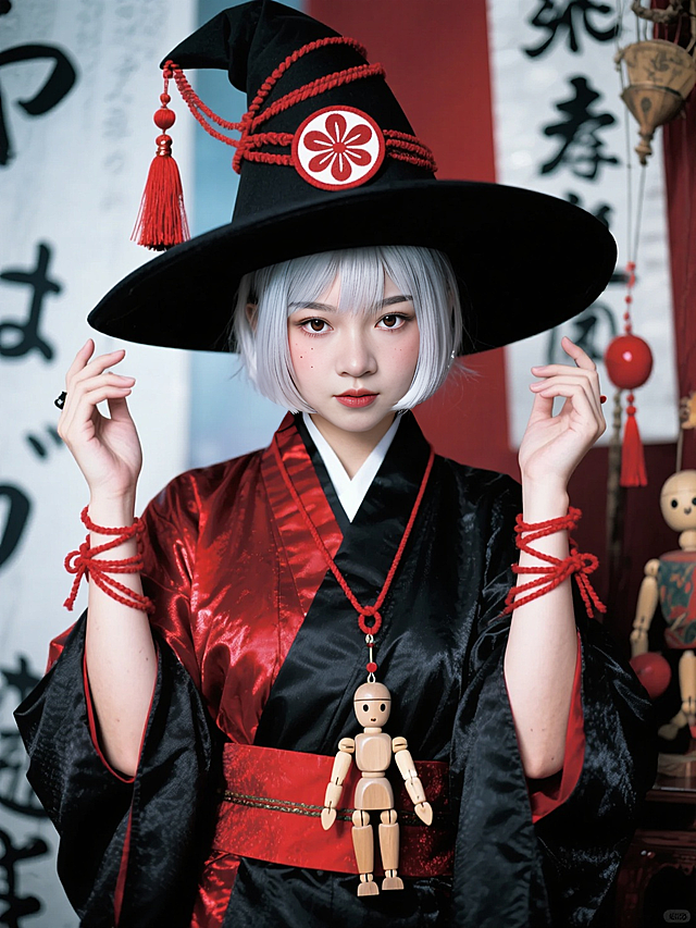 人物是一位银发少女，她戴着一顶装饰有红色流苏和圆形图案的黑色宽边帽，身穿带有红黑配色、光泽感面料的传统服饰，手部有红色绳饰与腰部小木偶挂饰，背景有日式风格的文字与道具，整体营造出神秘的木偶氛围，融合了东方神秘元素与奇幻色彩 。