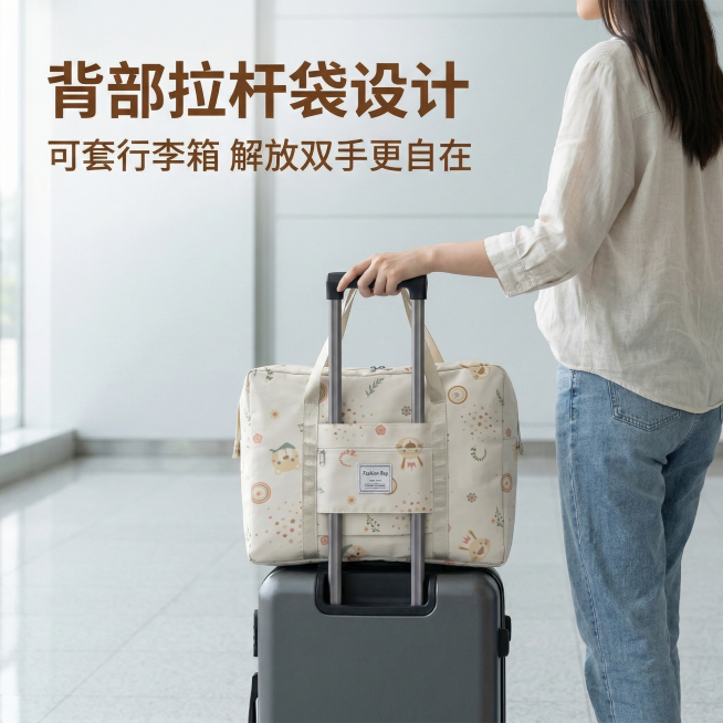保留当前图的背景、人物动作以及文字‘背部拉杆袋设计 可套行李箱 解放双手更自在’，将图中现有收纳袋替换为第一张图里的收纳袋，完全保留第一张图收纳袋的花色、款式细节，保持收纳袋套在行李箱拉杆上的展示状态预览效果
