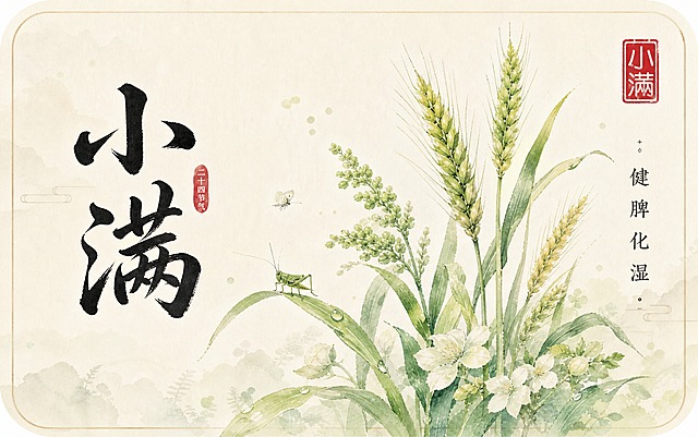 中国风24节气之小满卡片，圆角矩形白底卡片，左侧大字书法体写"小满"，右侧竖排小字写"健脾化湿"，背景有水彩风格的小满时节谷物植物插画，右上角有红色印章图案，整体风格清新雅致，国潮古风，米白色背景，精致细腻