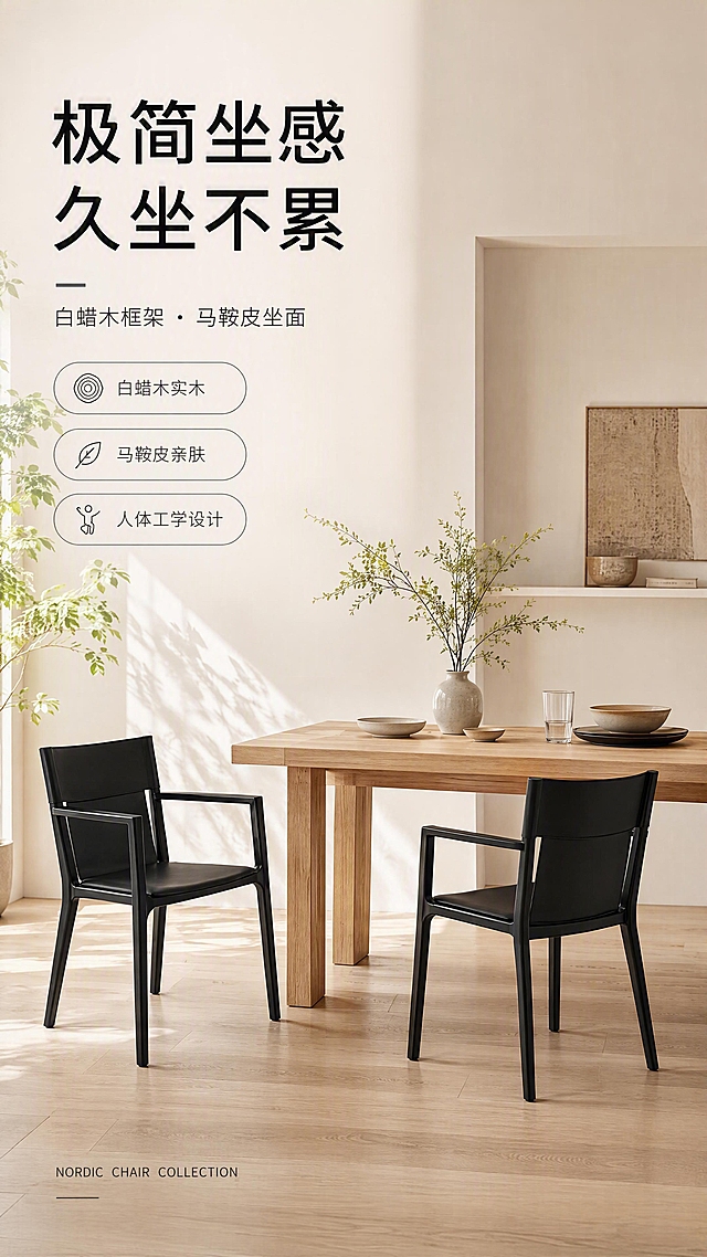 [第1张] 详情页头图-北欧极简白蜡木马鞍皮黑色扶手椅餐厅场景主视觉海报。本张使用【图1】作为商品主体，两把椅子分别置于餐桌两侧。
[氛围/风格] 极简高级北欧风，暖调自然光，商业摄影质感，干净通透，侘寂美学氛围。
[元素布局] 右侧约65%区域为餐厅场景：浅木色长方形餐桌居中，两把黑色扶手椅分置餐桌两侧呈45°斜角摆放，椅身结构、黑色马鞍皮坐面靠背、白蜡木框架与输入产品图完全一致；背景为米白色墙面+原木色地板，左侧窗边有绿植光影，桌上摆放陶瓷餐具与玻璃水杯；左侧约35%为文案区，留白充足。
[光影质感] 左侧自然光斜射，柔和漫射光，椅子下方有自然浅投影，椅背与扶手边缘有高光勾勒，整体明暗层次丰富。
[配色色系] 全局底色 #F5F2ED（米白暖灰）；主色 黑色椅身；辅助色 原木色、米白墙面；点缀色 绿植浅绿。
[视角构图] 正面微侧45°视角，中景构图，景深适中，阅读动线从左上标题→中部产品→底部信息条。
[文字版式] 左侧竖列排版：主标题「极简坐感 久坐不累」（大号黑体，黑色），副标题「白蜡木框架 · 马鞍皮坐面」（中号细黑体，深灰），下方三条亮点胶囊框「白蜡木实木」「马鞍皮亲肤」「人体工学设计」；底部英文角标「NORDIC CHAIR COLLECTION」；文字不遮挡椅身。
[比例分辨率] 9:16竖版比例，4K分辨率，文字清晰可辨，高清画质。
[负向提示词] 椅子变形，缺件错件，颜色偏差，水印，文字错乱，产品图模糊，背景杂乱，结构错误。
