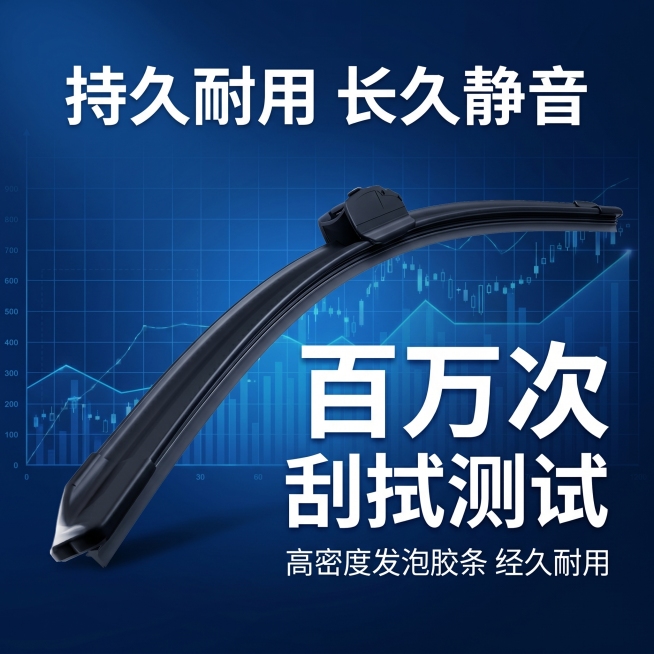 [主图-7] 雨刮使用寿命耐用测试展示。[氛围风格] 硬核科技测试风格，专业可信。[画质] 商业摄影质感，高清清晰，层次分明。[元素] 雨刮产品放置画面中央，旁边用大数字标注"百万次刮拭测试"，数字醒预览效果