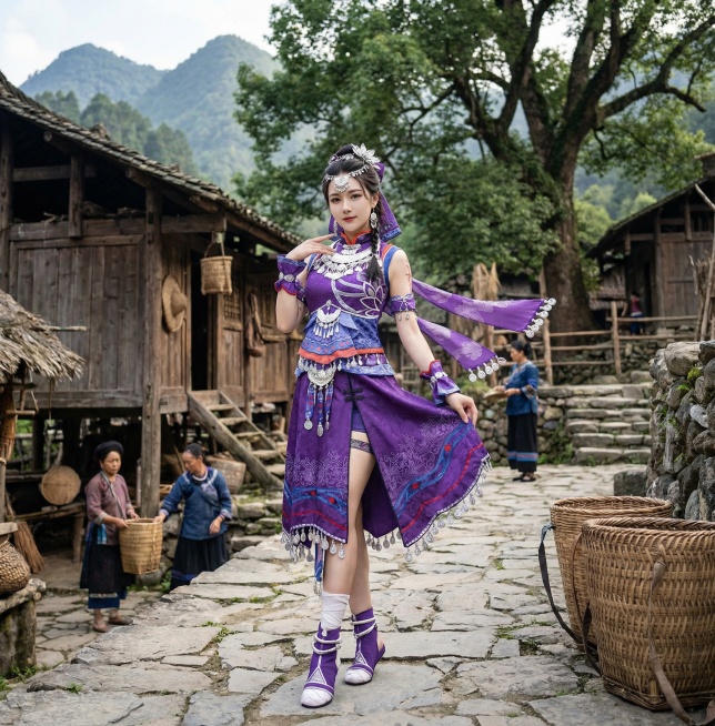 「图片1」把这张图变成真人摄像风格的，加上古代背景预览效果