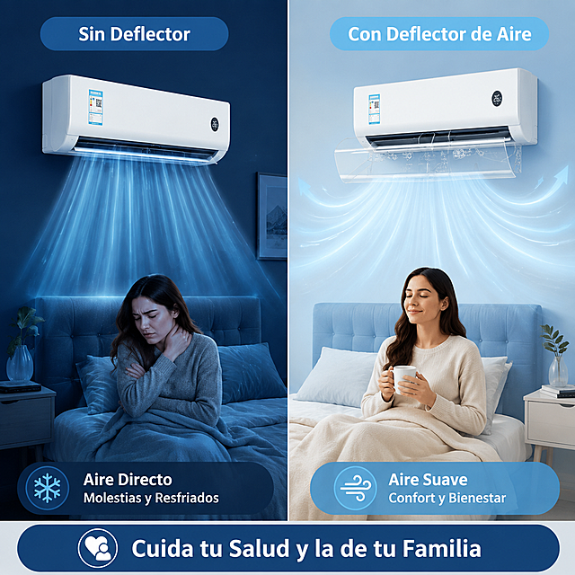 [第3张] 产品对比图 - Sin Deflector vs Con Deflector de Aire。本张使用【图2】作为冷暖双模式对比参考。
[氛围/风格] 理性对比科技风，客观清晰，跨境电商功能对比页质感。
[元素布局] 画面左右分栏对比。左侧：空调无挡风板，冷风直吹向下，人物皱眉不适，配冷蓝调背景；右侧：空调安装透明挡风板，气流柔和扩散向上，人物舒适微笑，配暖浅蓝背景；中间竖线分隔，顶部各有标签；产品外观、透明挡板、空调形态与输入图一致。
[光影质感] 左侧冷光偏深蓝，右侧柔光偏浅蓝，中间自然过渡，两侧各有独立光源，对比鲜明。
[配色色系] 全局底色 #F0F6FC 浅蓝灰；左侧深蓝冷调 #1E3A5F；右侧浅蓝舒适调 #7EC8E3；中间分隔线深灰。
[视角构图] 正面平视，左右对称构图，阅读动线从顶部标签 → 左右对比画面 → 底部结论。
[文字版式] 全部西班牙语。顶部左侧标签「Sin Deflector」，右侧标签「Con Deflector de Aire」；左下方说明「Aire Directo · Molestias y Resfriados」；右下方说明「Aire Suave · Confort y Bienestar」；底部居中结论条「Cuida tu Salud y la de tu Familia」；文字清晰，不遮挡主体。
[负向提示词] 产品变形，对比失衡，文字错乱，颜色偏差严重，水印，中文字符。