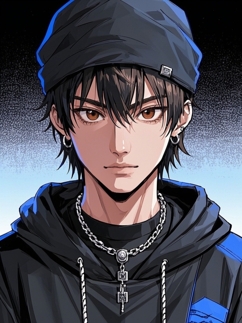 动漫，复古漫画，棕色的眼睛的男生，穿着卫衣，潮酷穿搭，带冷帽和项链，整体微朋克风格，平涂画法，黑和蓝色调预览效果