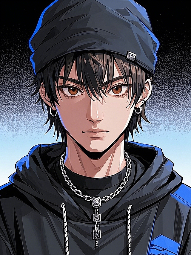 动漫，复古漫画，棕色的眼睛的男生，穿着卫衣，潮酷穿搭，带冷帽和项链，整体微朋克风格，平涂画法，黑和蓝色调