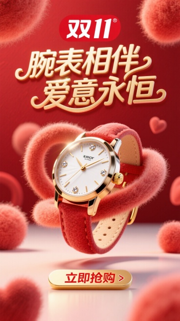 商业摄影风格，比例 16:9。以鲜艳的红色为背景，营造热烈氛围。画面正中央是巨大且优雅的主标题 “腕表相伴 爱意永恒”，采用金色立体艺术字体，笔画粗细变化富有韵律，表面有细腻的光泽质感，像是被柔和灯光预览效果