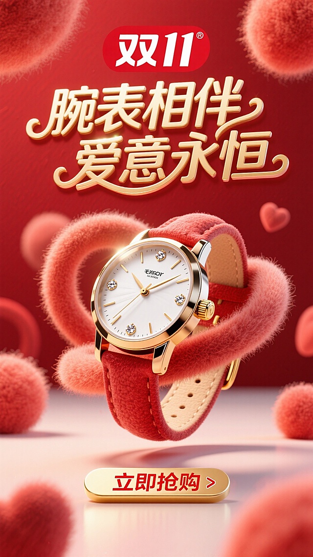 商业摄影风格，比例 16:9。以鲜艳的红色为背景，营造热烈氛围。画面正中央是巨大且优雅的主标题 “腕表相伴 爱意永恒”，采用金色立体艺术字体，笔画粗细变化富有韵律，表面有细腻的光泽质感，像是被柔和灯光照亮，凸显奢华与浪漫。标题上方显著位置为 “双 11” Logo，设计简约现代，以红色与白色为主色调，红色与背景呼应，白色线条勾勒出独特造型，醒目突出。画面核心的手表质感上乘，金属表身散发着冷冽光泽，表盘镶嵌着璀璨宝石，指针精准指向特定时刻，表带纹理清晰，与金色表扣相得益彰。画面底部的 “立即抢购” 按钮为醒目的金色，搭配红色文字，按钮具有强烈的立体效果，仿佛悬浮在背景之上，周围有一圈淡淡的红色光晕，吸引观者注意力，整体画面充满商业促销的活力与魅力。