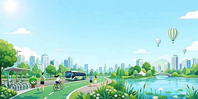 扁平插画风格，绿色出行低碳环保主题系列插画第三张——生态城市篇。画面采用与前两张统一的清新明快扁平矢量插画风格，线条简洁，绿色、蓝色、白色为主色调。画面下半部分内容：美丽的生态城市景观，有城市绿道、公园、湖泊，人们在绿道上跑步、骑行、散步，有共享单车停放点，有电动巴士行驶，湖边有芦苇和荷花，远处有绿树成荫的通用风格城市建筑（无任何具体地标），天空中有热气球飘过，还有可爱的拟人化小树形象。画面上半部分留出大面积空白天空，有少量白云和柔和的阳光，天空区域约占画面二分之一，用于展板后期加文字。整体风格与前两张完全统一，形成系列延伸。纯画面，无任何文字、logo、水印。横版构图，宽高比2:1。