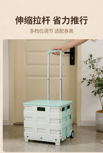 严格还原参考图中薄荷绿+白色折叠购物车设计、包装细节、配色、LOGO位置，精准复刻所有细节无偏差。主标题为"伸缩拉杆 省力推行"，位于画面上1/3居中，字体为简约无衬线体，颜色为深咖色；副标题为"多档预览效果