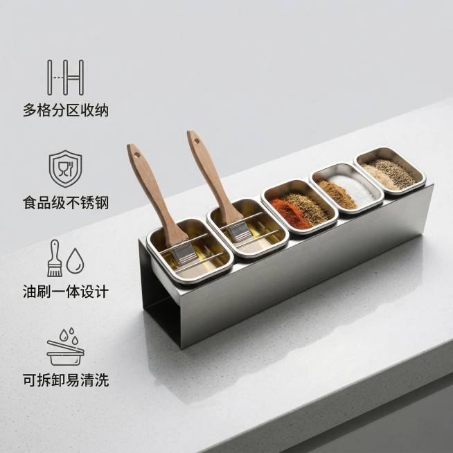 保持原有产品角度不变，左侧垂直排列四个核心卖点，每个卖点搭配精致简约小图标，卖点分别是“多格分区收纳”、“食品级不锈钢”、“油刷一体设计”、“可拆卸易清洗”，右侧展示烧烤调料盒产品主体放在干净的浅灰色预览效果