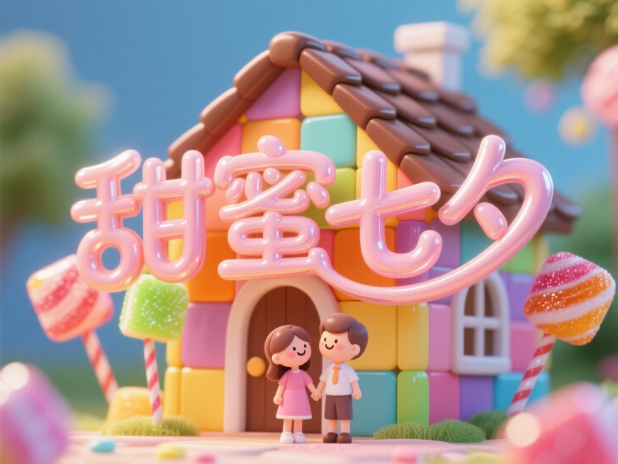 文字"甜蜜七夕"，糖果造型字体，线条流畅，糖果屋背景（有一对牵手的卡通情侣小人）预览效果