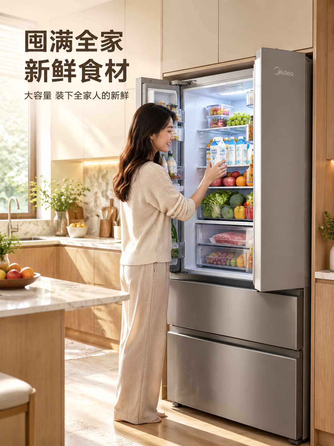 [主图-2] 美的法式多门冰箱场景带入图，营造温馨居家生活感，… - 图片创意预览