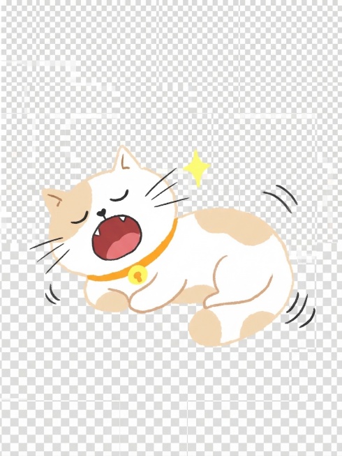 参考参考图的可爱简约手绘插画风格，绘制一只白色带浅橘色斑纹的小猫，戴着黄色项圈金色铃铛，是侧卧打哈欠姿态的小猫素材，保持简约可爱的手绘插画风格，干净背景可用于素材使用预览效果