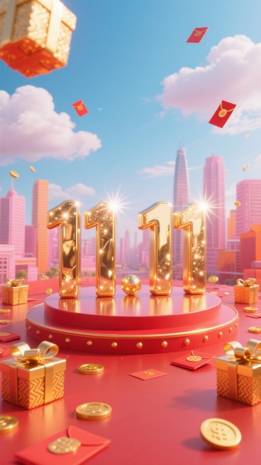 巨大的金色 “11.11” 立体数字立在带有红色装饰的圆形展台上，周围有金色礼盒，点缀红包、金币等元素，背景天空、云朵，城市建筑群在后方若隐若现，大量红色搭配粉、橙、蓝为主色调，红色地面，促销氛围预览效果